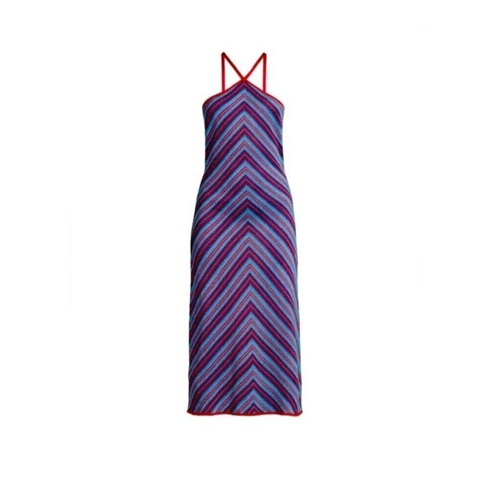 MISA LOS ANGELES DRESS Knit Halter Midi Red & Blue Metallic Sz L - Picture 4 of 13